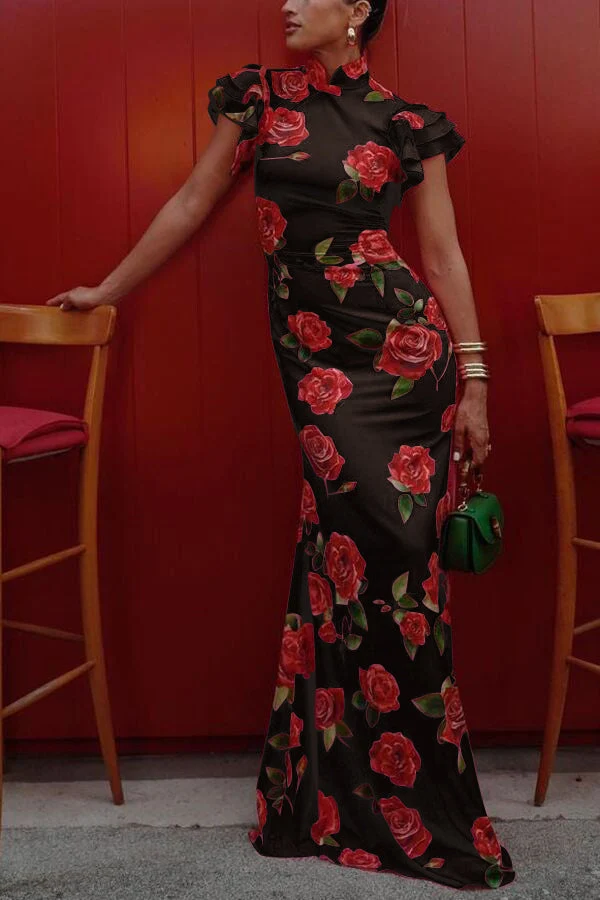 Lina – Elegantes Maxikleid für Damen mit Rosenmuster, Stufenrock und ausgestellten Ärmeln