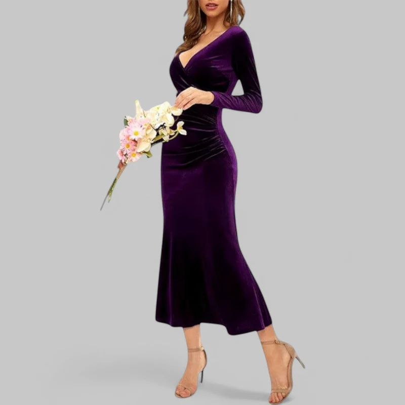 Charlotte – Elegantes Maxikleid mit V-Ausschnitt und langen Ärmeln für Damen