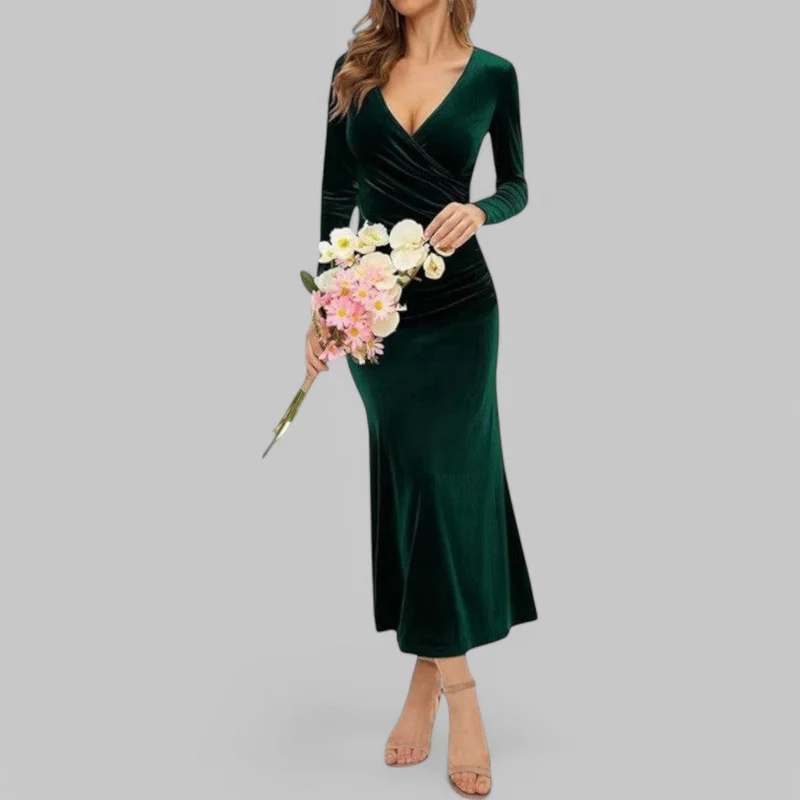 Charlotte – Elegantes Maxikleid mit V-Ausschnitt und langen Ärmeln für Damen