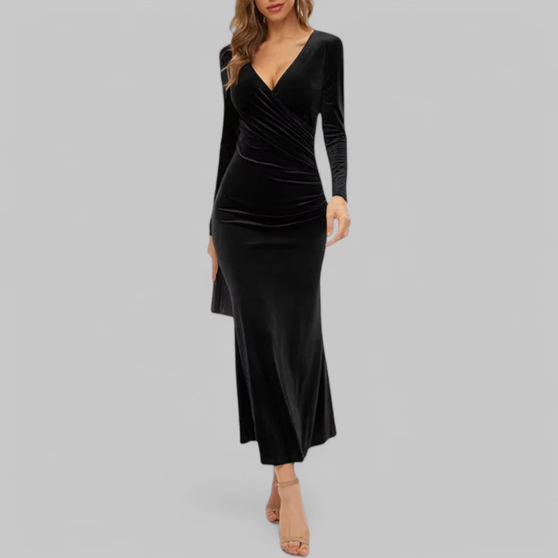 Charlotte – Elegantes Maxikleid mit V-Ausschnitt und langen Ärmeln für Damen