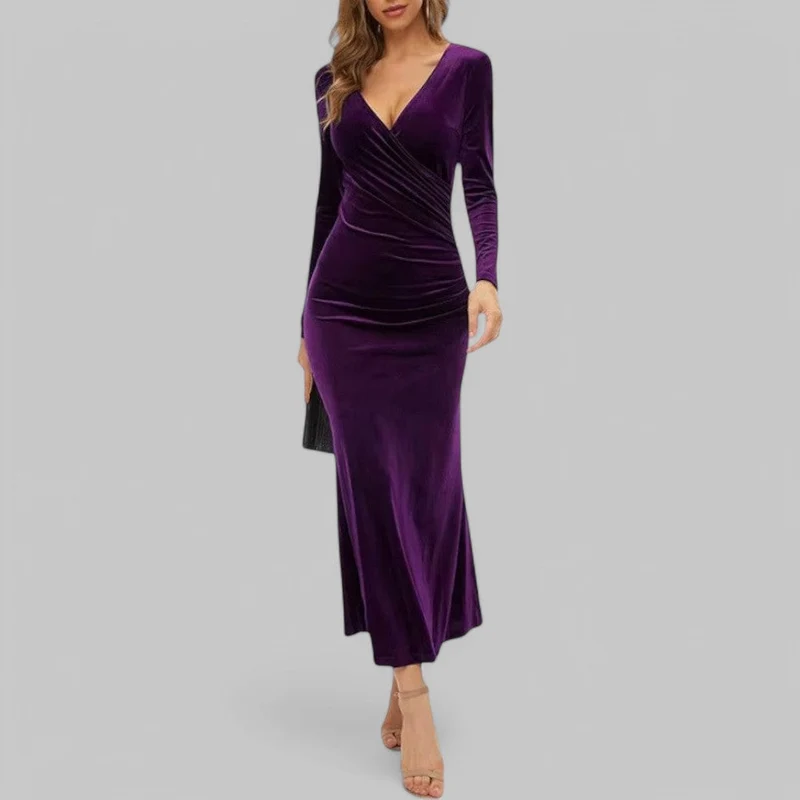 Charlotte – Elegantes Maxikleid mit V-Ausschnitt und langen Ärmeln für Damen