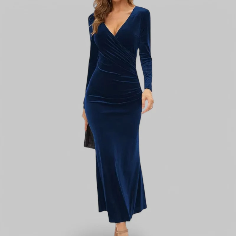 Charlotte – Elegantes Maxikleid mit V-Ausschnitt und langen Ärmeln für Damen