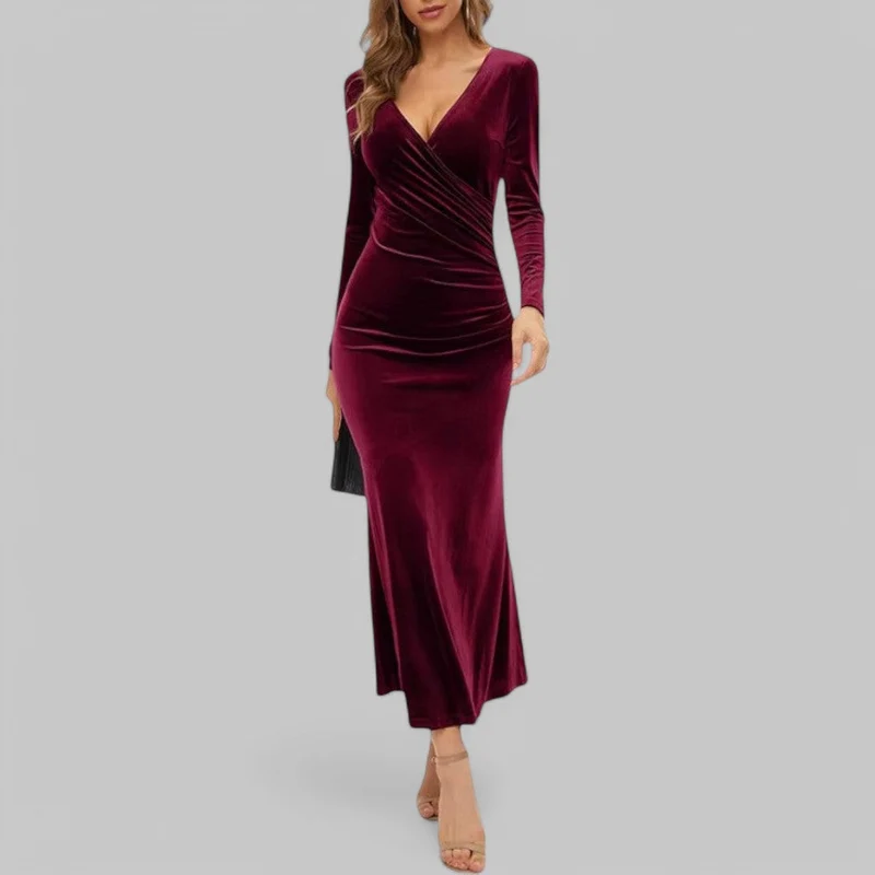 Charlotte – Elegantes Maxikleid mit V-Ausschnitt und langen Ärmeln für Damen