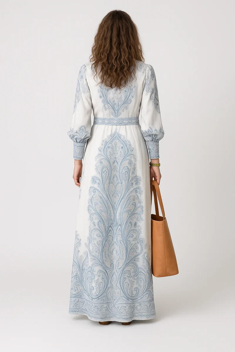 Andrea – Damenkleid mit langen Ärmeln und Aufdruck, mit hohem Kragen