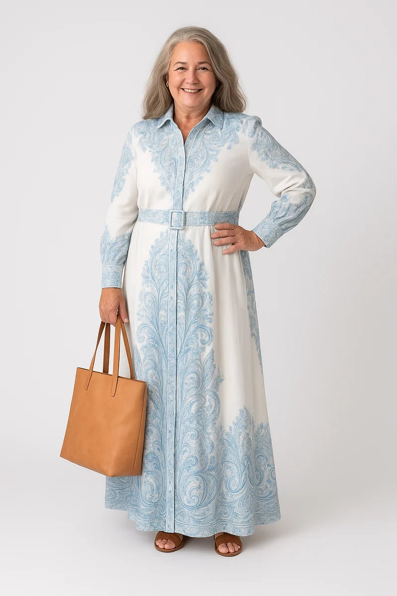 Andrea – Damenkleid mit langen Ärmeln und Aufdruck, mit hohem Kragen