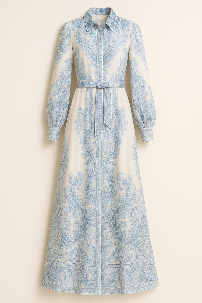 Andrea – Damenkleid mit langen Ärmeln und Aufdruck, mit hohem Kragen