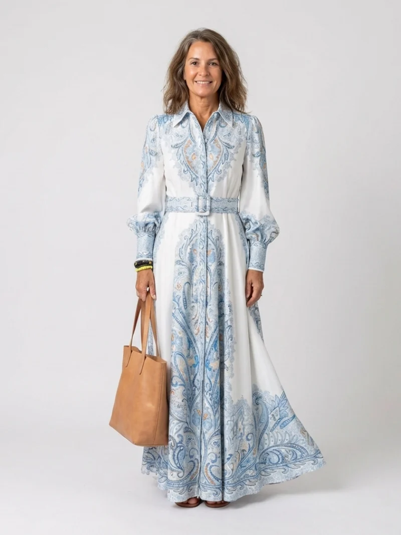 Andrea – Damenkleid mit langen Ärmeln und Aufdruck, mit hohem Kragen
