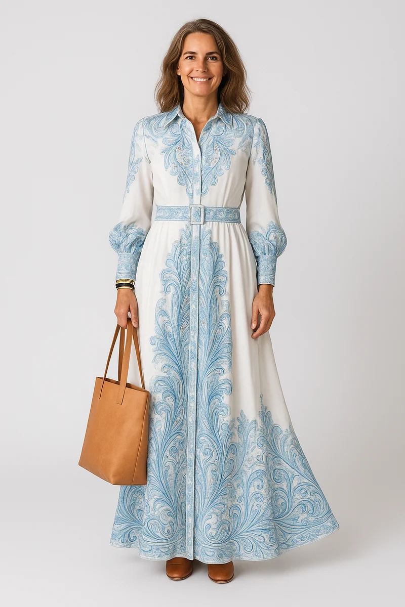 Andrea – Damenkleid mit langen Ärmeln und Aufdruck, mit hohem Kragen