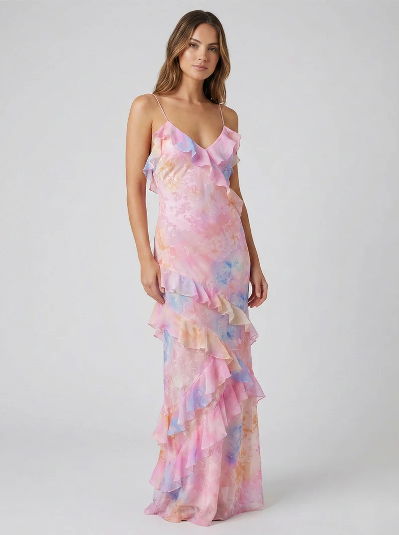 Monika – Elegantes, fließendes Maxikleid mit Rüschen für Damen