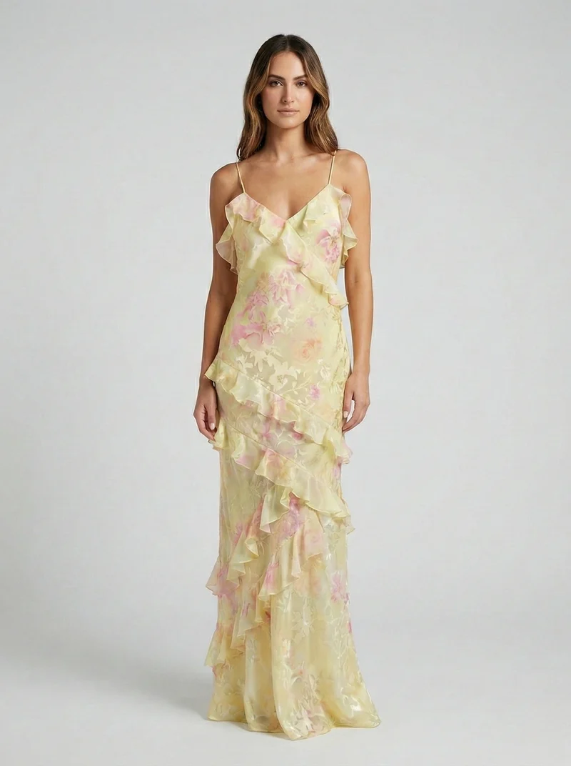 Monika – Elegantes, fließendes Maxikleid mit Rüschen für Damen