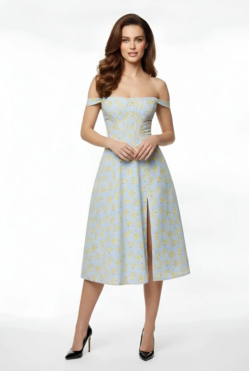 Franziska – Elegantes schulterfreies Midi-Partykleid mit Schlitz für Damen