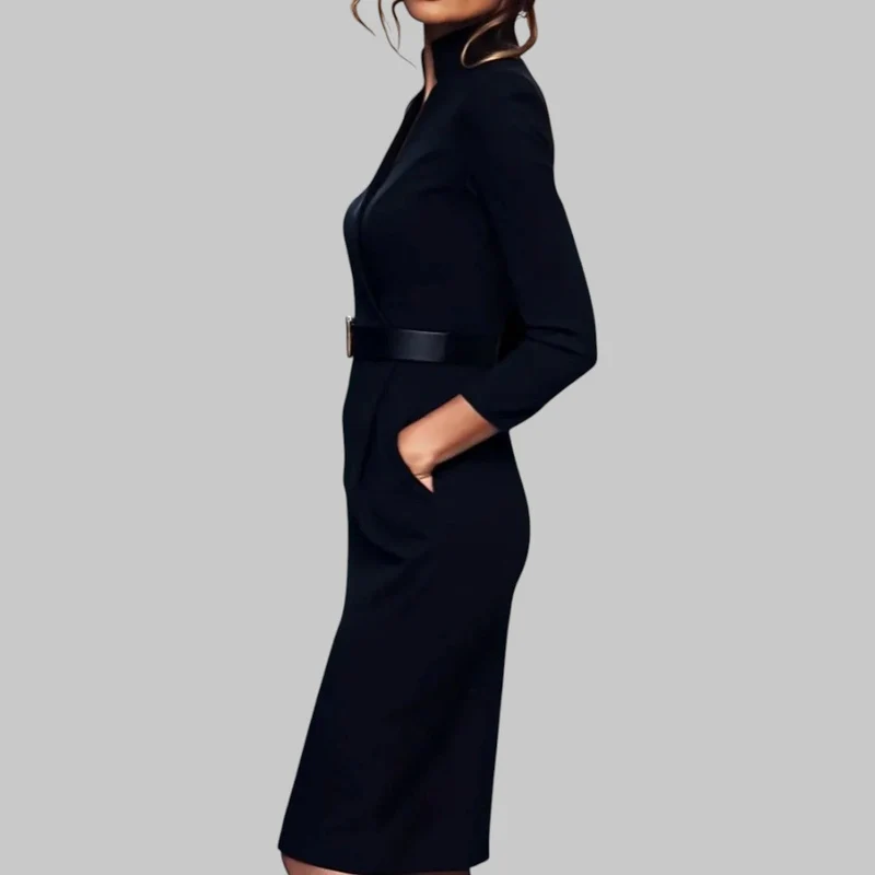 Daniela – Elegantes Midi-Etuikleid mit Gürtel und elegantem Kragen für Damen