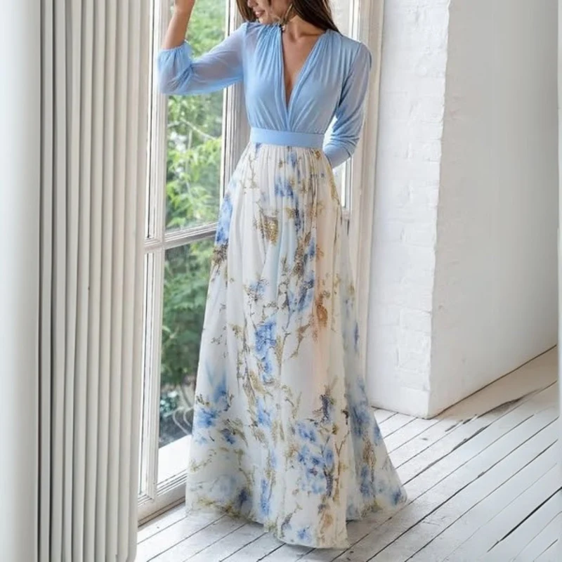 Ava – Elegantes Maxikleid mit floralen Verzierungen am Ausschnitt für Damen