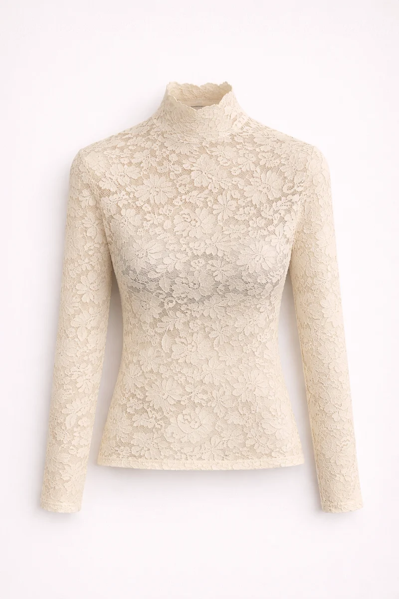 Hannah – Elegantes Damenoberteil aus Spitze mit hohem Kragen – Bluse aus Blumen-Spitze