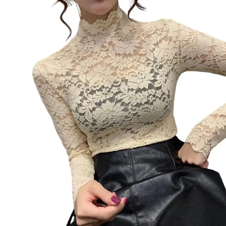 Hannah – Elegantes Damenoberteil aus Spitze mit hohem Kragen – Bluse aus Blumen-Spitze