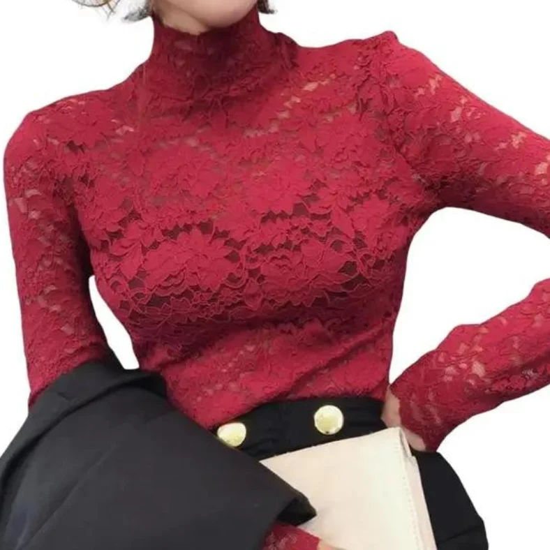 Hannah – Elegantes Damenoberteil aus Spitze mit hohem Kragen – Bluse aus Blumen-Spitze