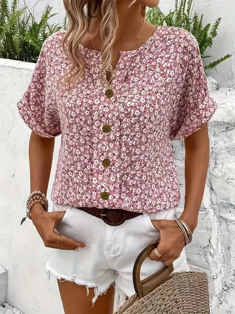 Amira | Luftige Bluse mit Blumenmuster & Holzknopf-Details