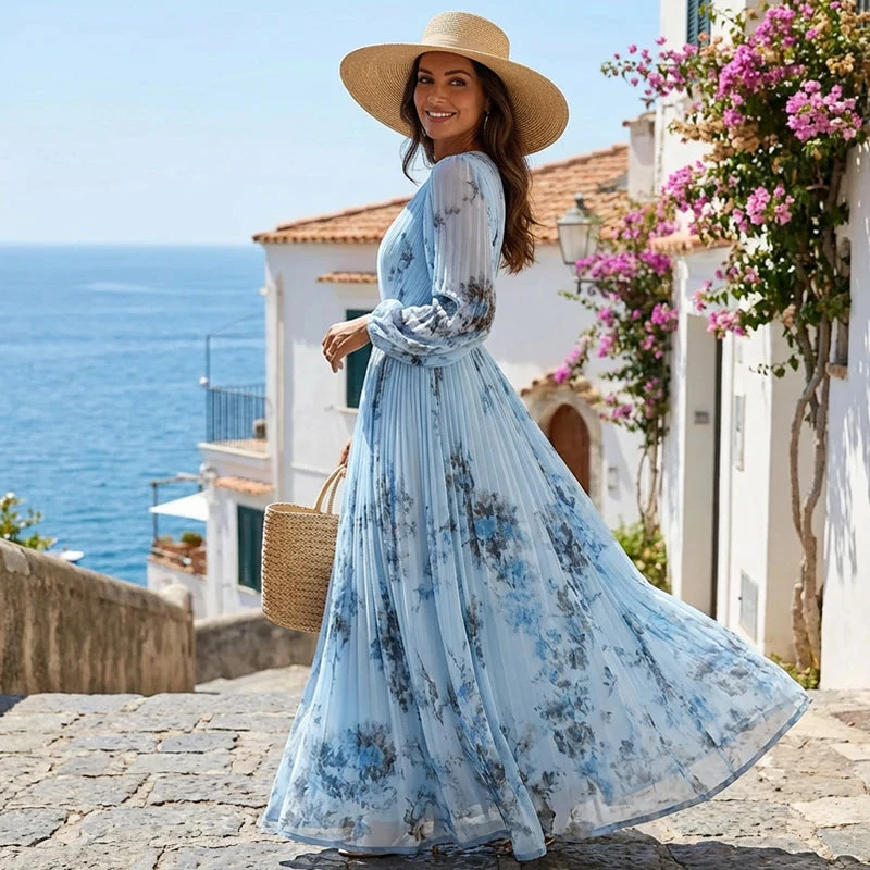 Nora - Elegantes Hellblau Floral Maxikleid