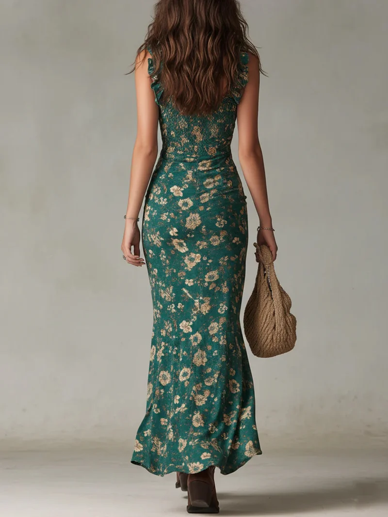 Shania - Boho-grünes Maxikleid mit Print und Rüschenärmeln