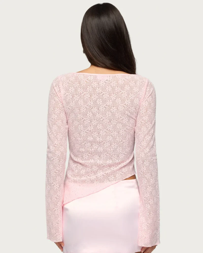 Imara - Asymmetrisches Transparentes Spitzen-Top mit Schmucksteinen