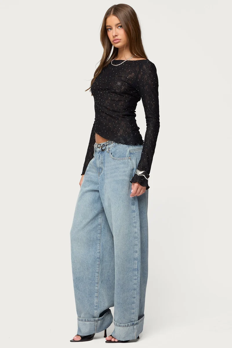 Imara - Asymmetrisches Transparentes Spitzen-Top mit Schmucksteinen