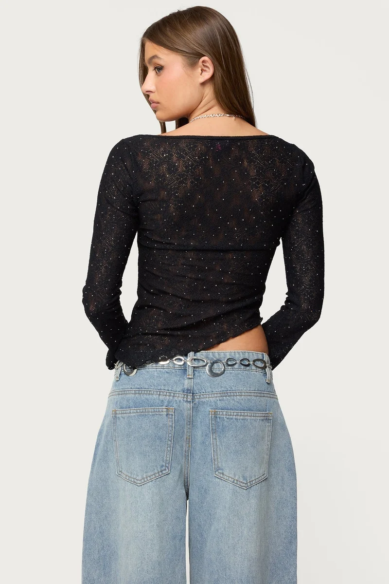 Imara - Asymmetrisches Transparentes Spitzen-Top mit Schmucksteinen