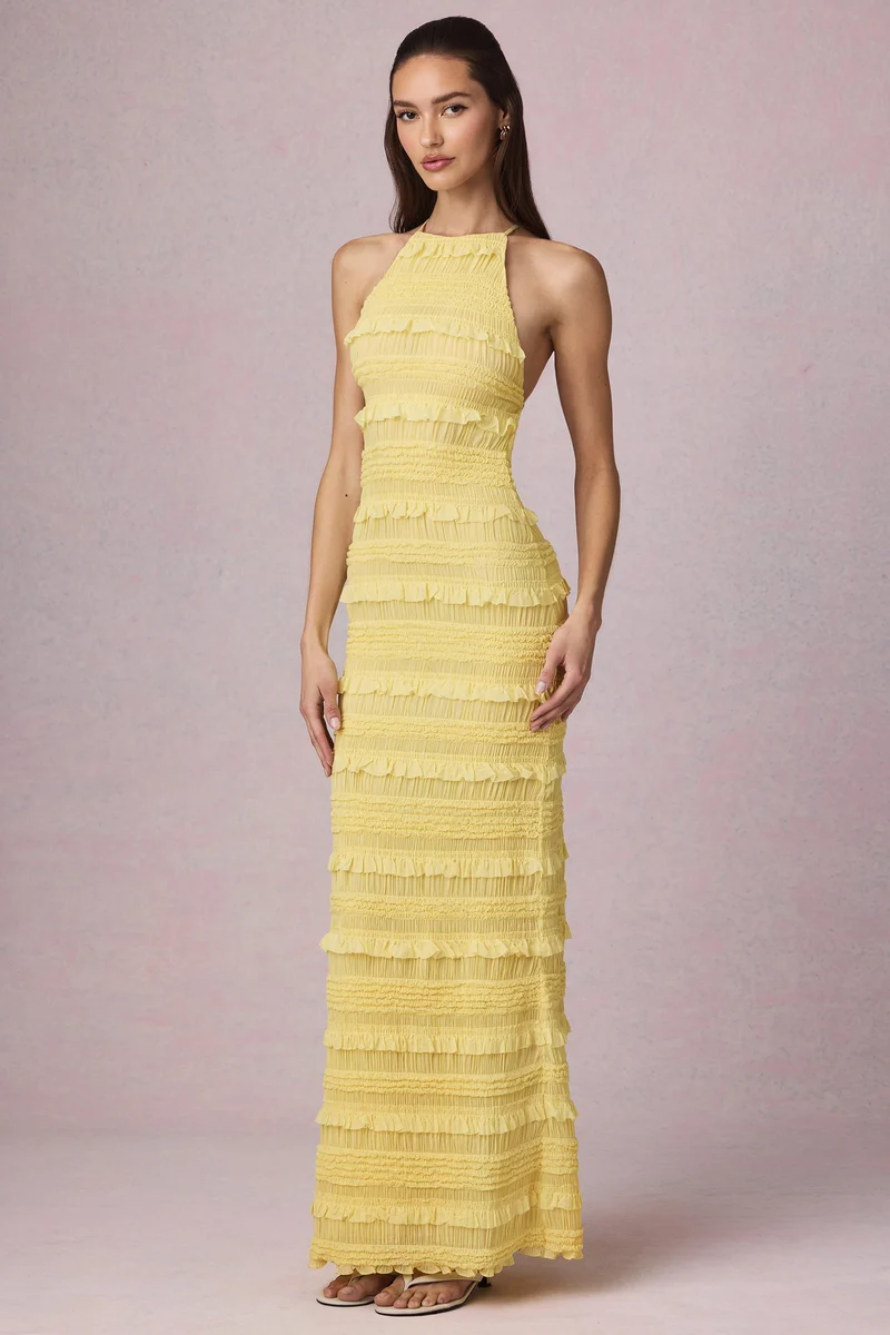 Elisa – Rückenfreies Maxikleid mit Neckholder in Zitronengelb