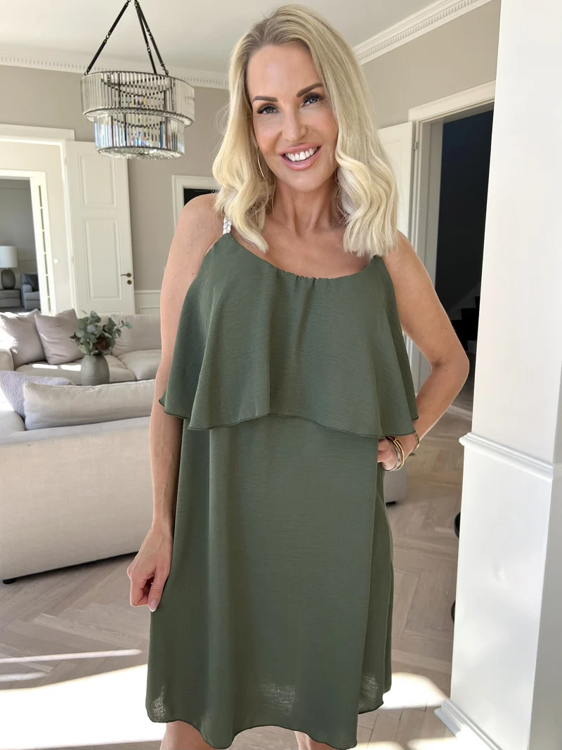 Damen Spaghettiträger Rüschen Sommer Midikleid