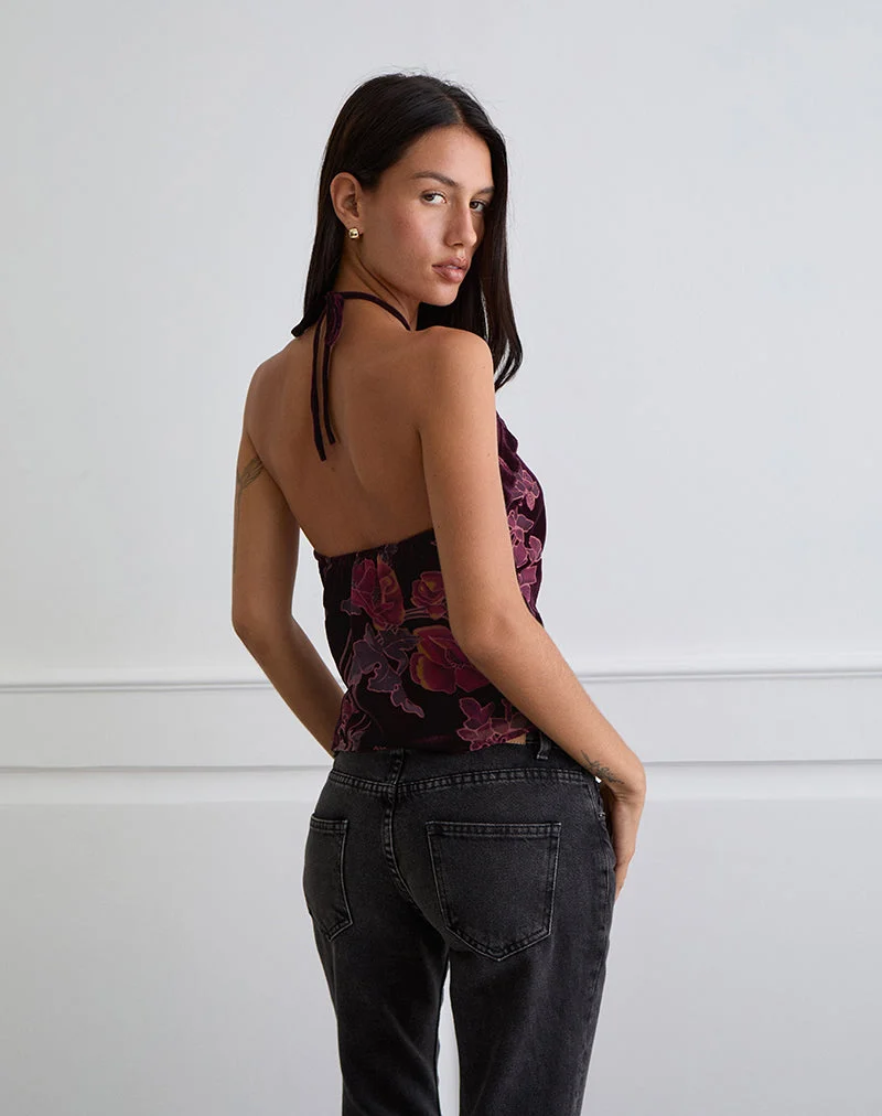 Fiorella – Top in floralem Devoré in Burgunderrot