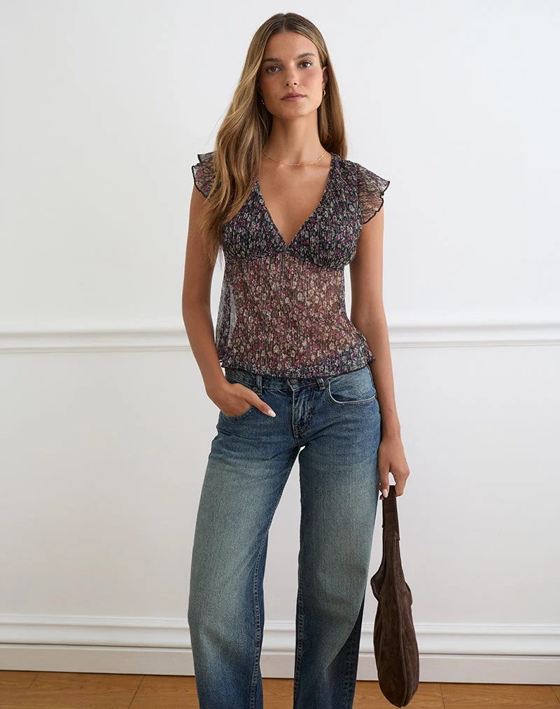 Pharita – V-Ausschnitt-Top in Ditsy Floral Plissé in Anthrazit