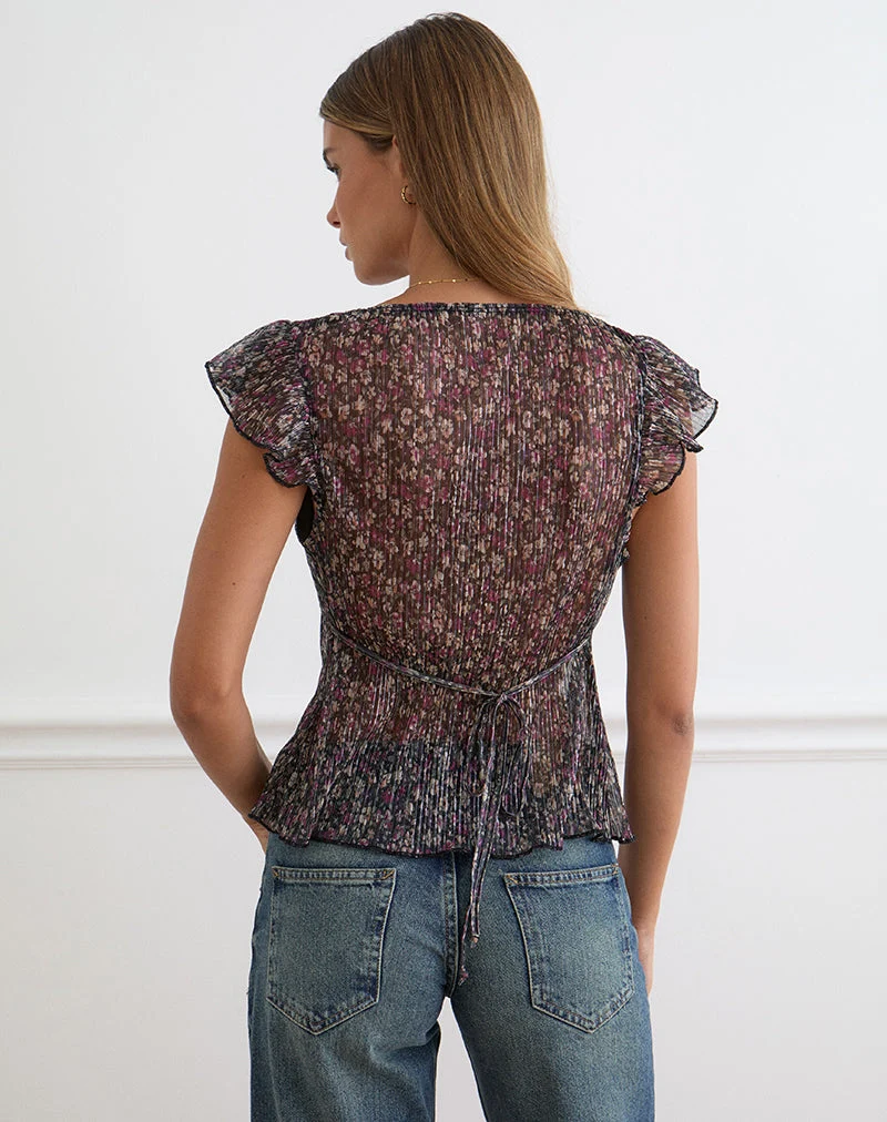 Pharita – V-Ausschnitt-Top in Ditsy Floral Plissé in Anthrazit