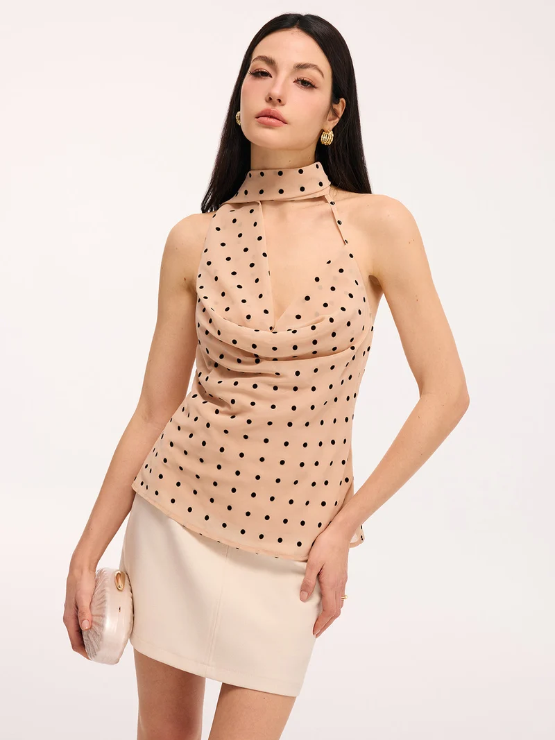 Isa – Bluse mit Neckholder-Ausschnitt und Drapierung im Polka-Dot-Muster