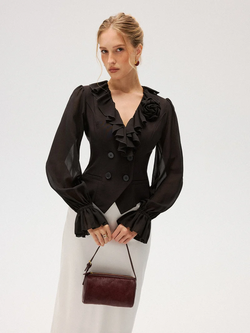 Kaya – Bluse aus Chiffon mit Rüschen und doppelter Knopfleiste