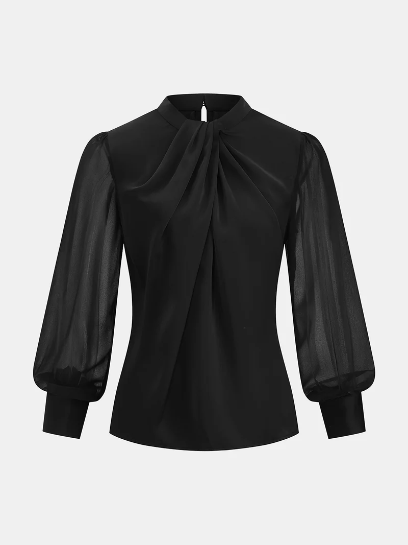 Thea – Satinbluse mit transparenten Ärmeln und gedrehter Vorderseite