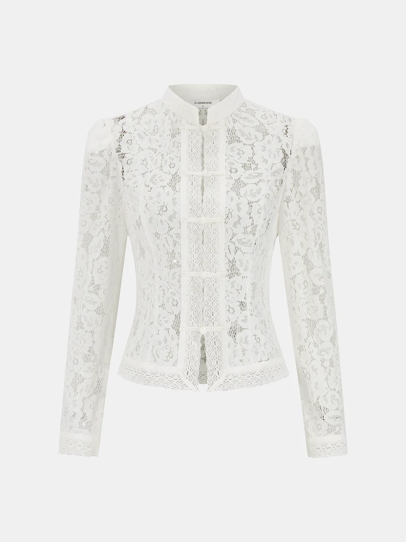Saskia – Bluse mit Mandarin-Kragen und Schnürverschluss