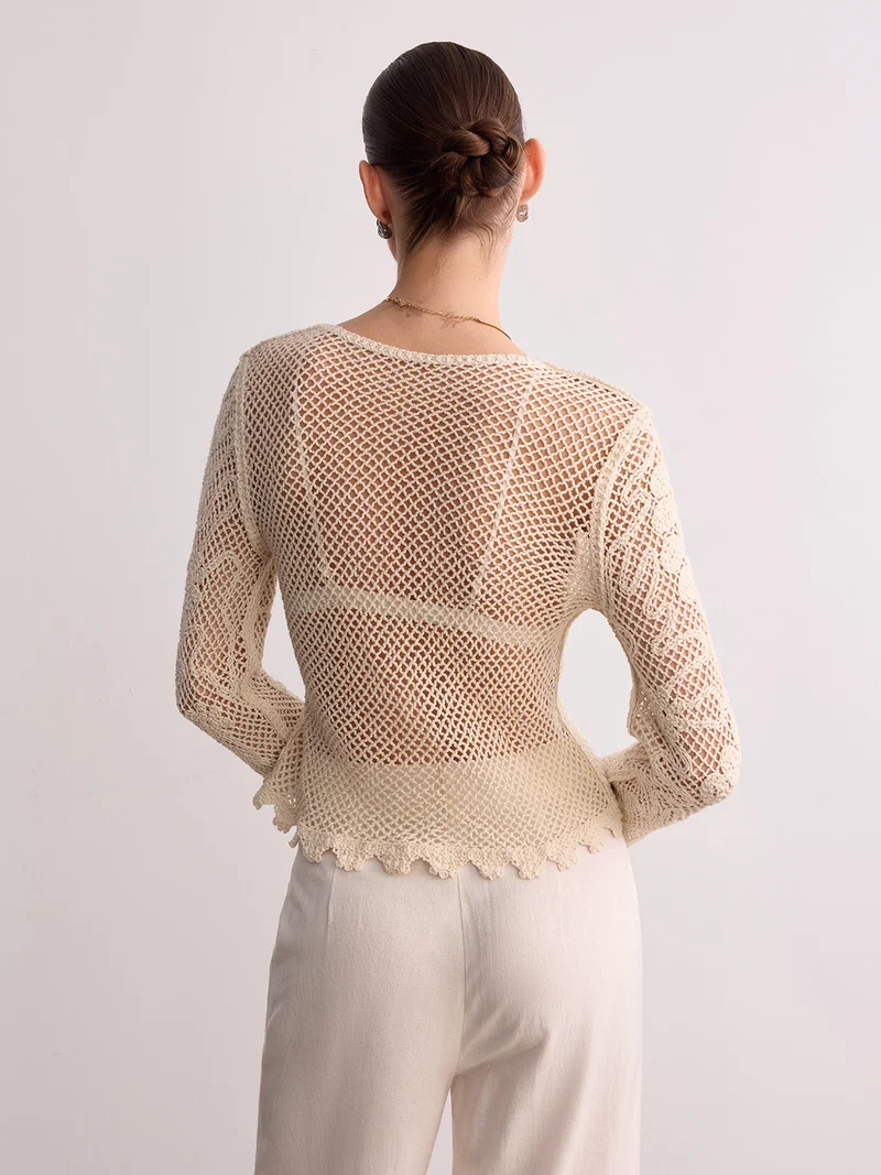 Katrin – Langärmliges Strickoberteil mit Häkel-Spitzenmuster