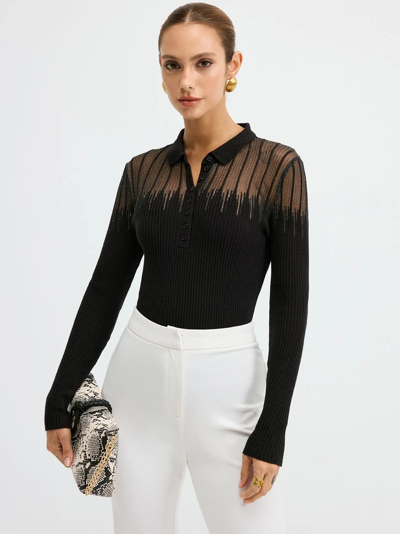 Esther – Polo-Strickoberteil mit transparentem Einsatz und Glitzer-Details