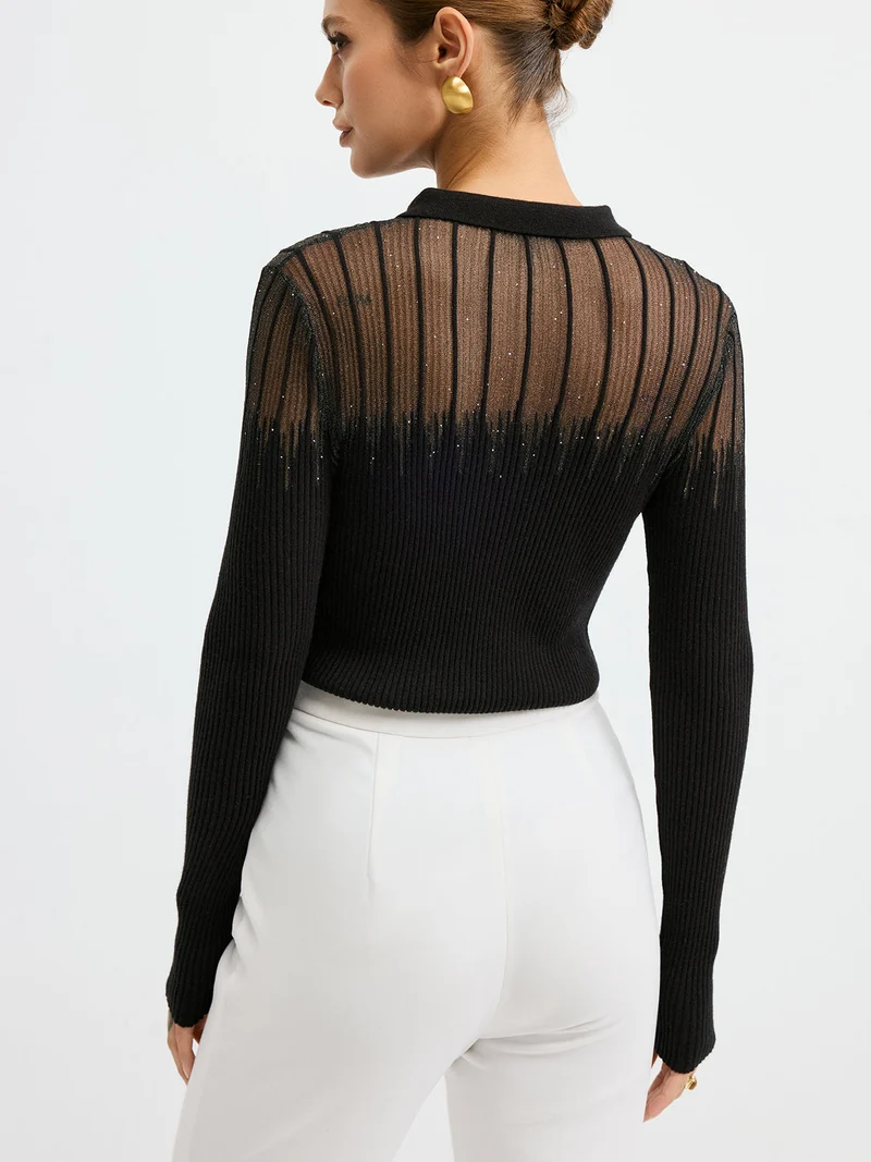 Esther – Polo-Strickoberteil mit transparentem Einsatz und Glitzer-Details