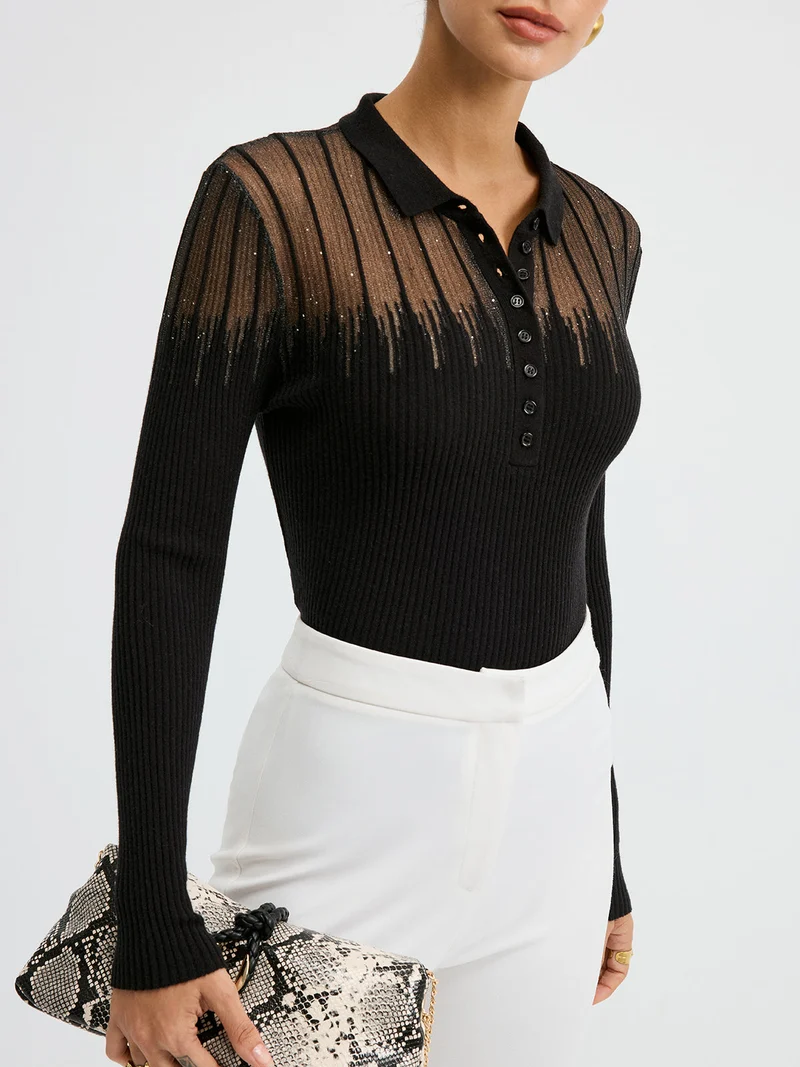 Esther – Polo-Strickoberteil mit transparentem Einsatz und Glitzer-Details