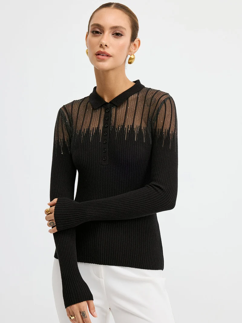 Esther – Polo-Strickoberteil mit transparentem Einsatz und Glitzer-Details