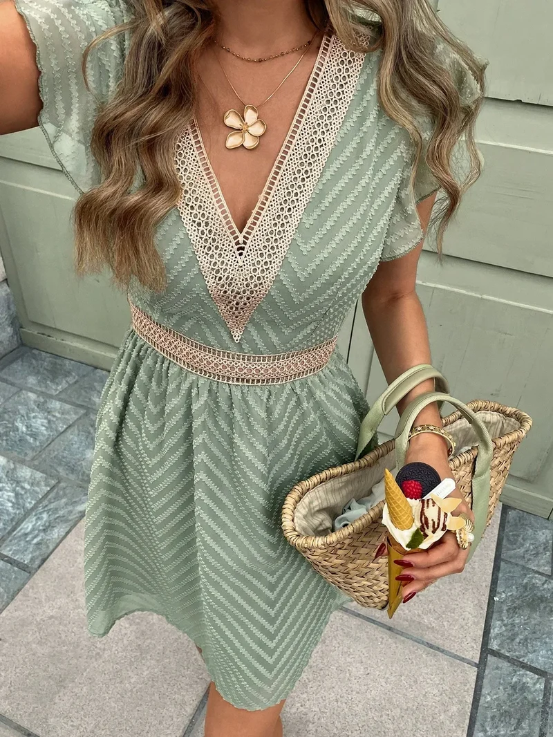 Damen Sommer V Ausschnitt Boho Midikleid