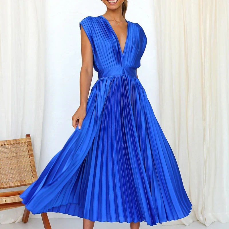 Damen Elegant Ärmellos Plissiert Maxikleid