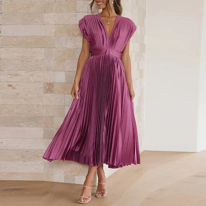 Damen Elegant Ärmellos Plissiert Maxikleid