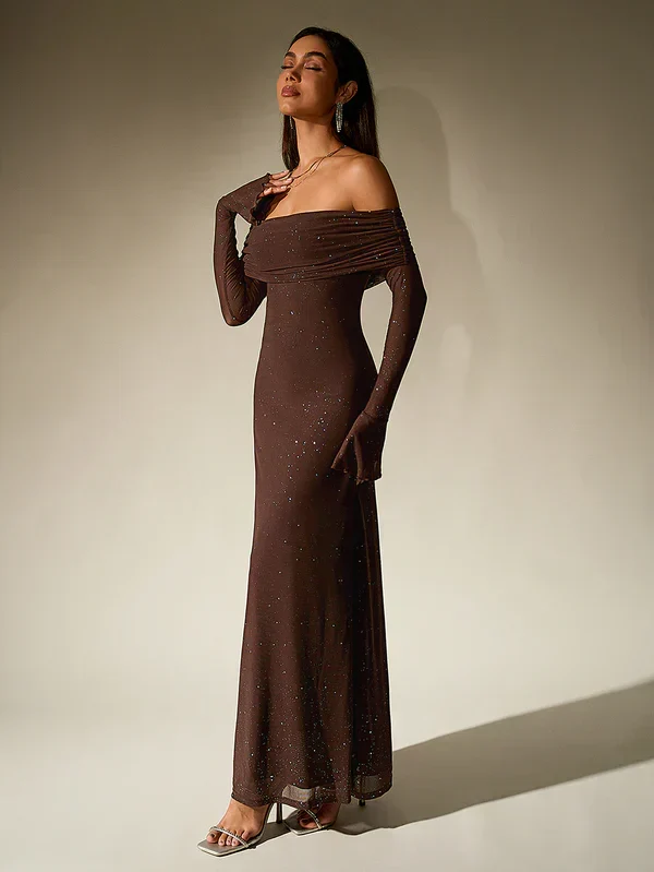 Damen Elegant Off Shoulder Maxi Abendkleid