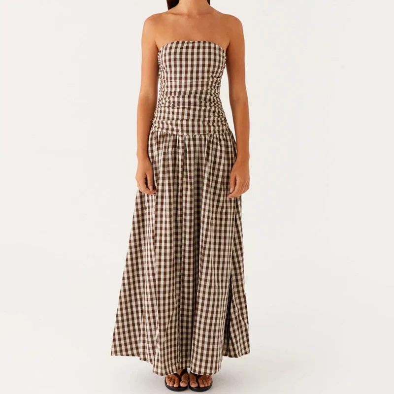 Damen Lässig Karomuster Sommer Maxikleid
