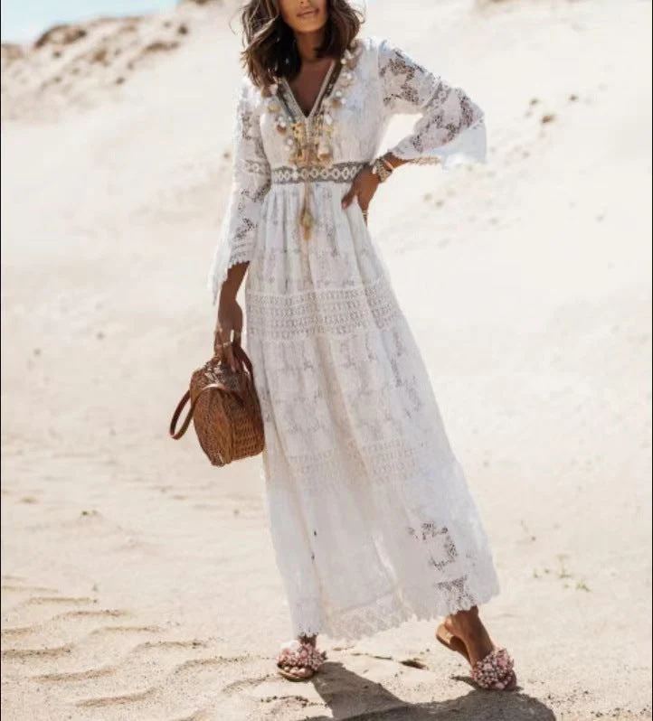 Damen Elegant Spitze Boho Maxikleid