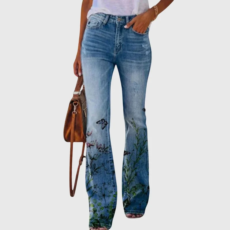 Damen Lässig Blumenmunster Enge Jeans Hose