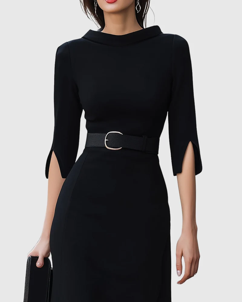 Damen Lässig Gürtel Asymmetrisch Midi Kleid