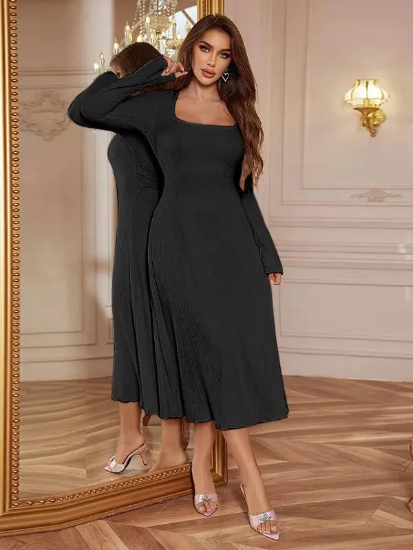 Damen Lässig Eckiger Ausschnitt Hochzeitsgast Midikleid