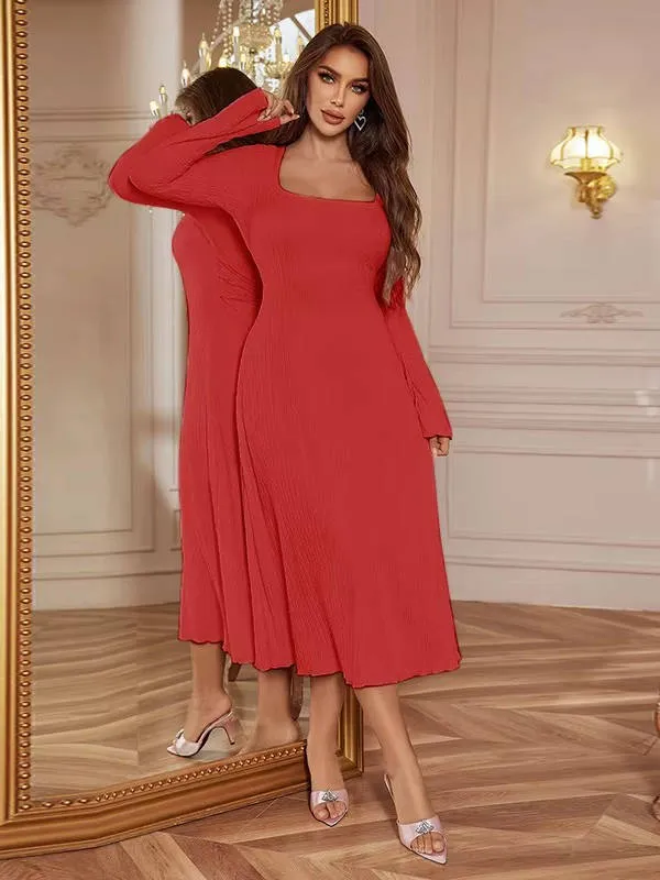 Damen Lässig Eckiger Ausschnitt Hochzeitsgast Midikleid